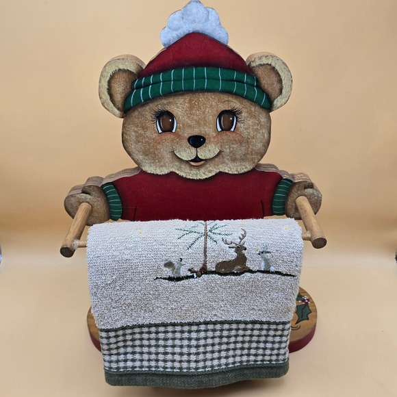 Unbranded Other - Vintage Christmas Wooden Teddy Bear Towel Holder Hand Painted Folk Art Holiday